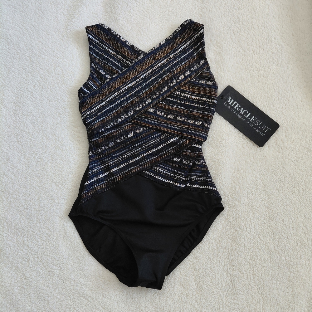 Miraclesuit Slimming One Piece Size 8 Black Multi Criss Cross Tummy Control Flat - Picture 4 of 8
